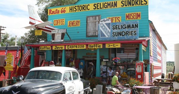 The historic Seligman Sundries general store building on Route 66 in Seligman, Arizona
