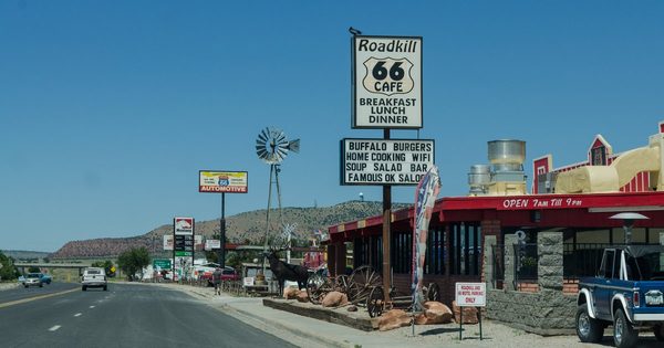 Roadkill 66 Cafe sign and storefront along Route 66 in Seligman, Arizona
