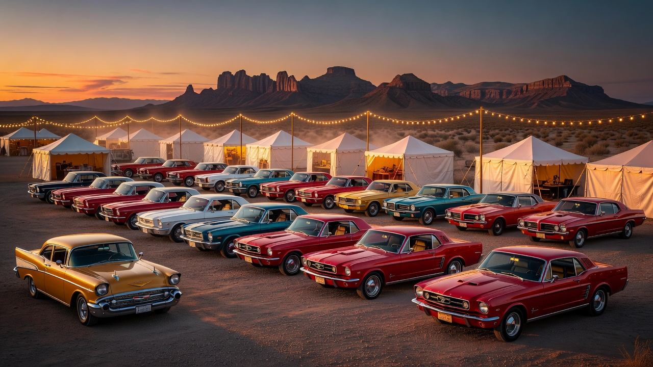 A wide outdoor festival scene at sunset in the Arizona desert with classic cars parked in rows, string lights above vendor tents, and mountains visible in the distance