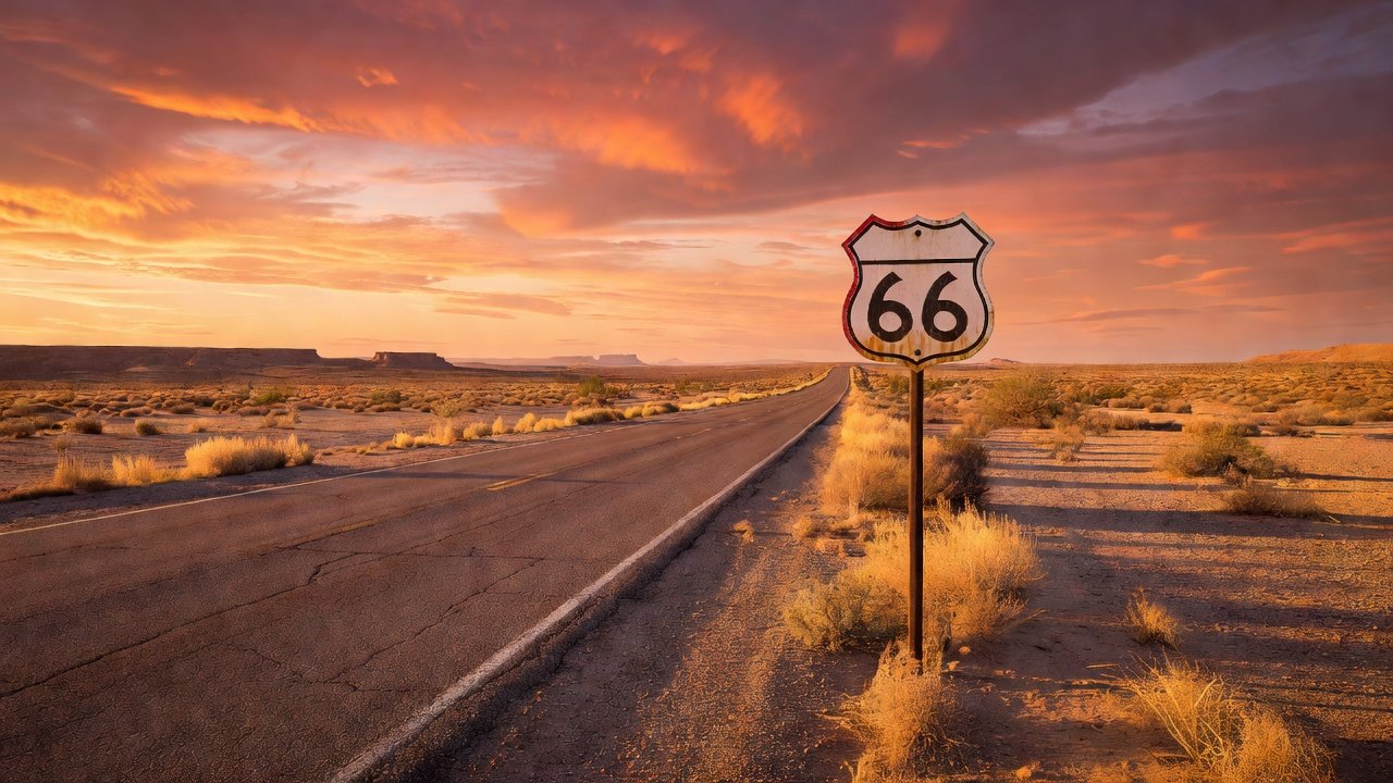 Route 66 highway shield marker on an open Arizona desert road at golden hour