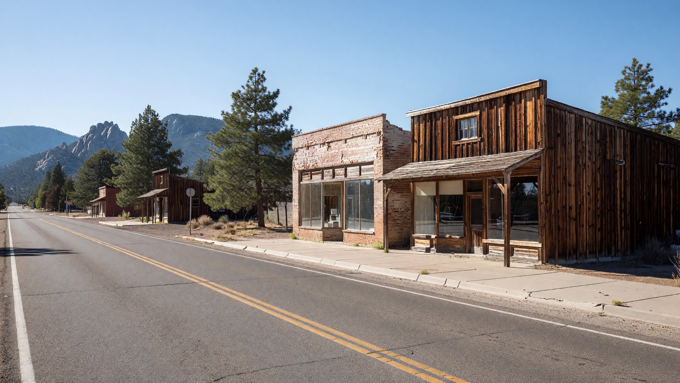 Historic main street storefronts along a two-lane highway in a northern Arizona mountain town